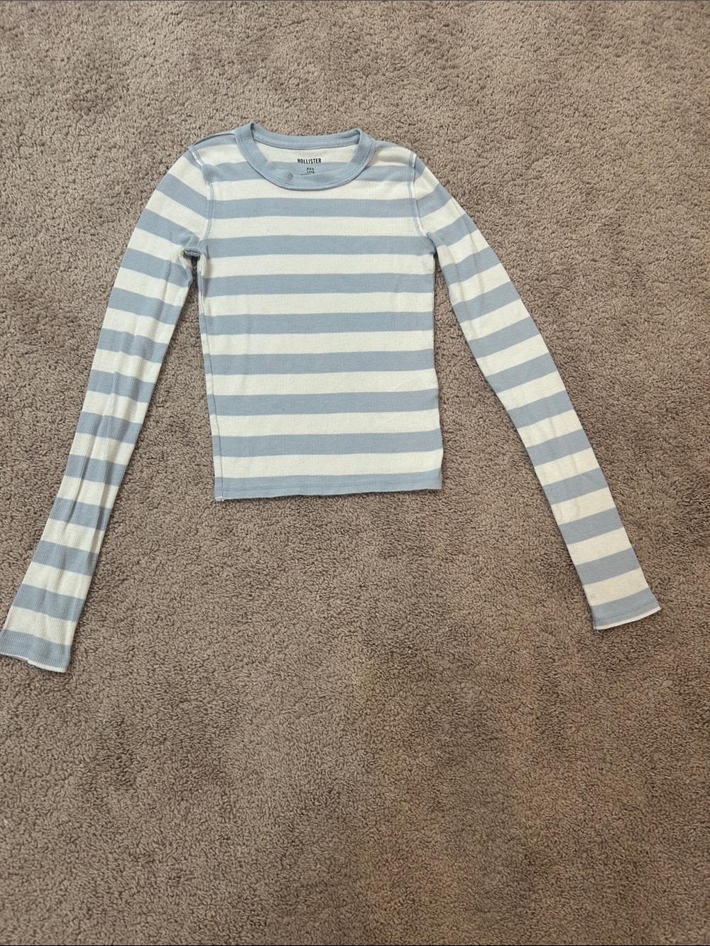 Hollister Light Blue & Cream Striped Ribbed Long Sleeve Tee Size XXS long